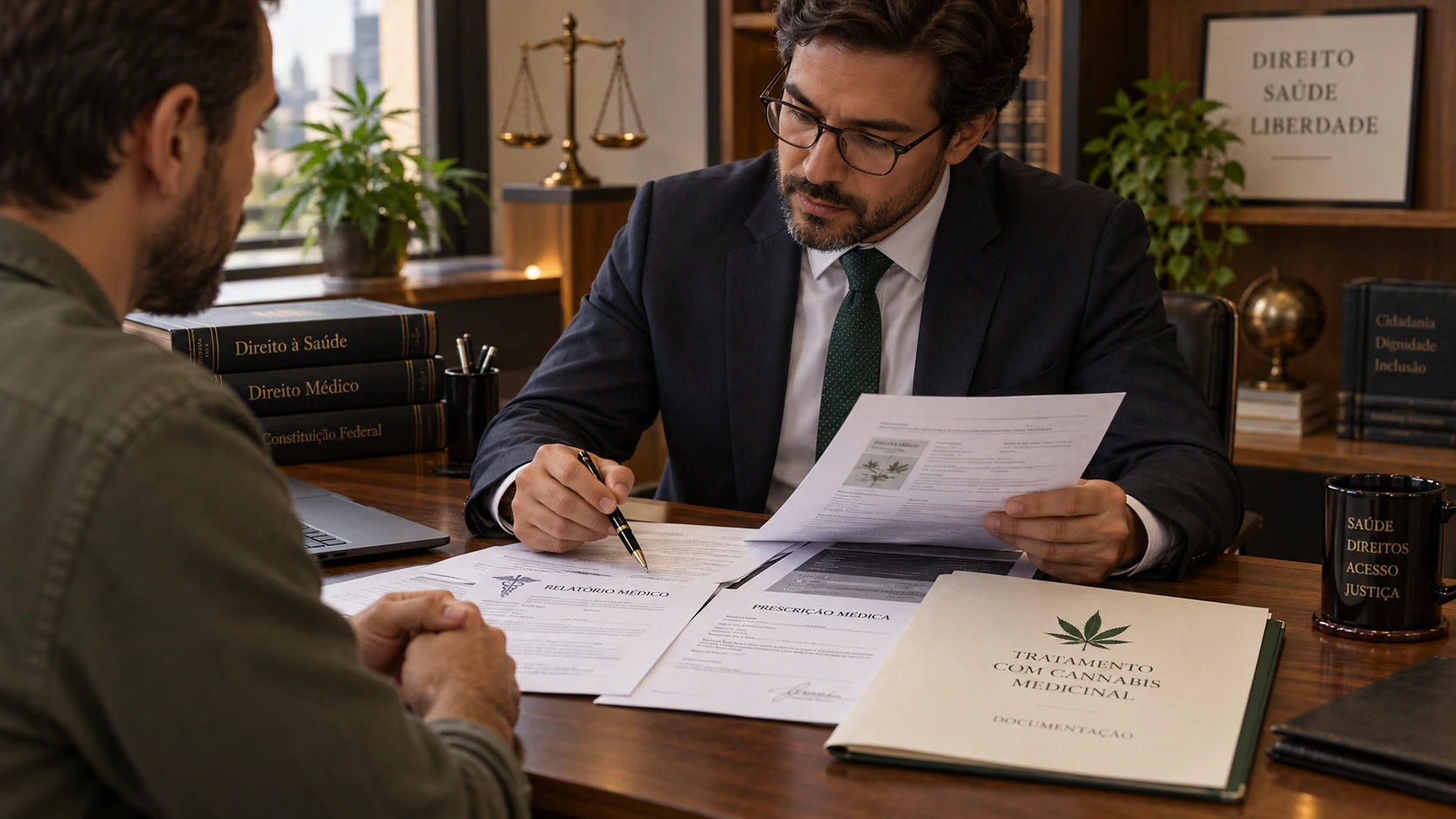Advogado e paciente conversando sobre documentos médicos em escritório