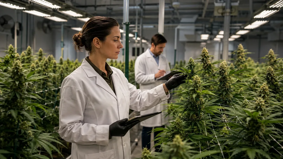 Profissionais avaliando plantas de cannabis em ambiente de cultivo controlado
