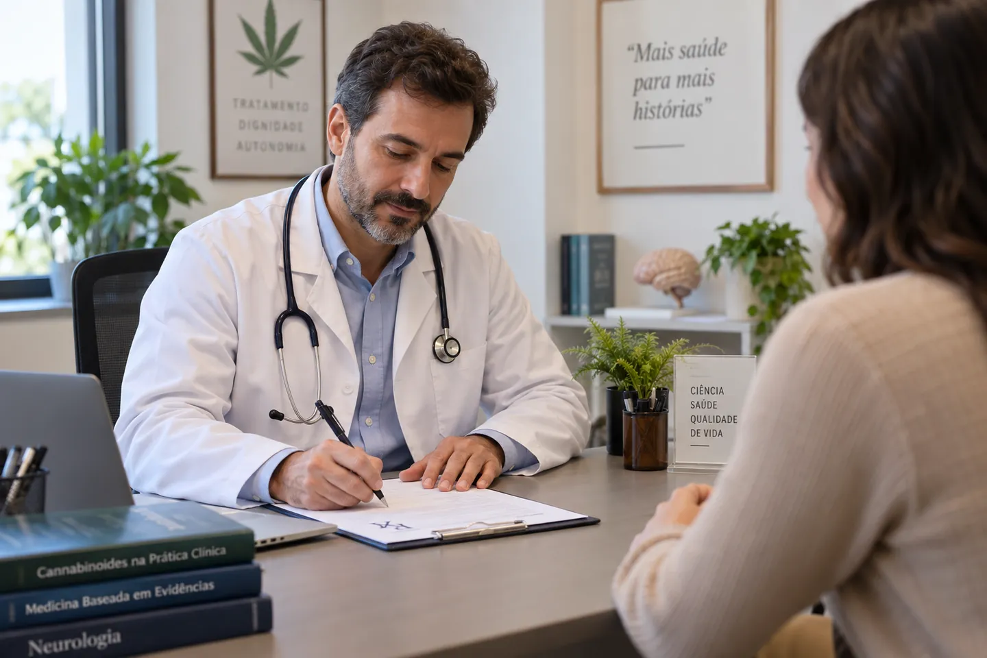 Médico em consultório preenchendo prescrição durante atendimento a paciente