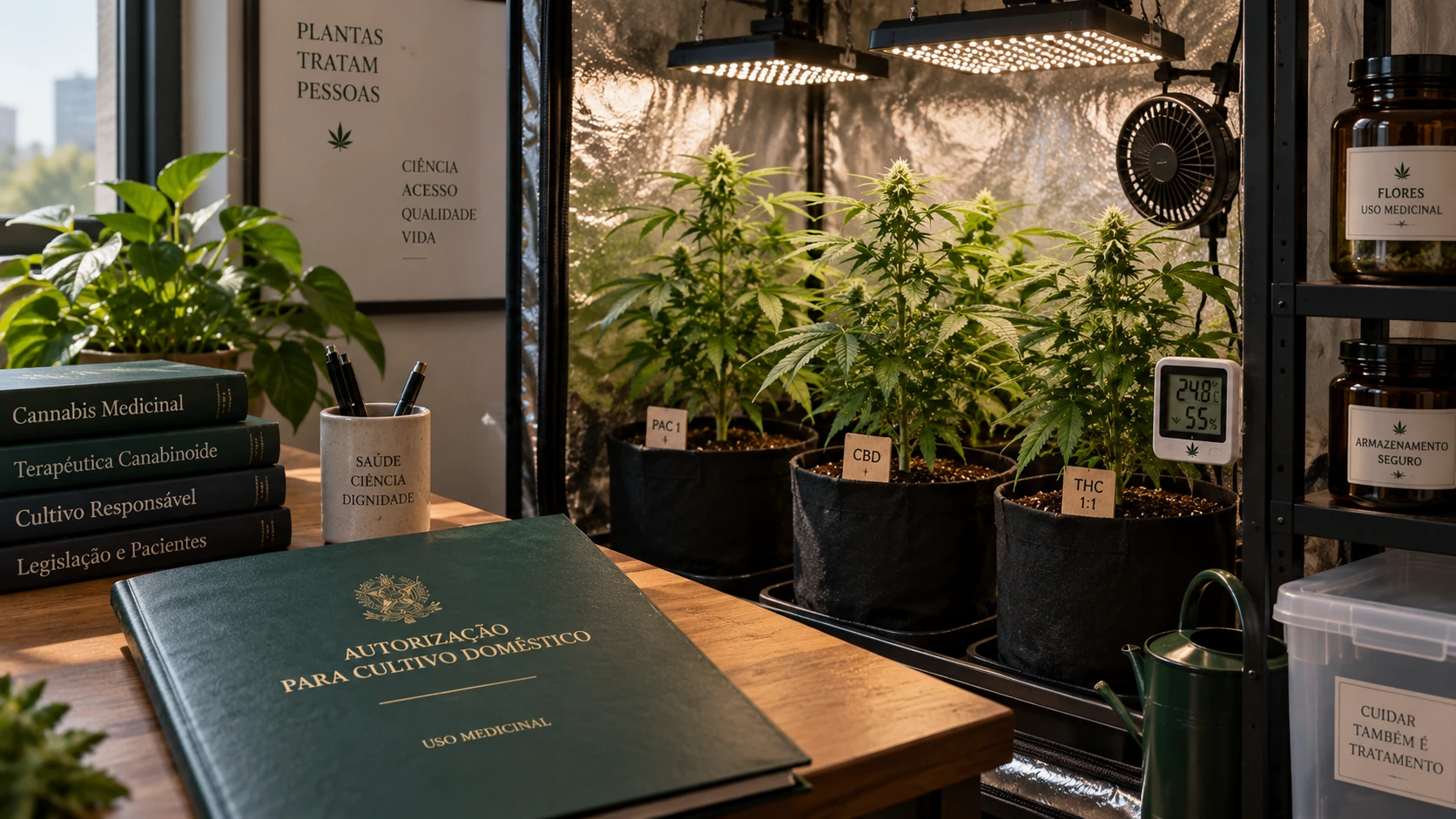 Vasos de cannabis em cultivo doméstico organizado em ambiente fechado