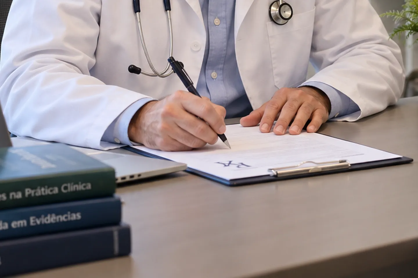 Laudo médico, prescrição e documentos pessoais organizados sobre a mesa